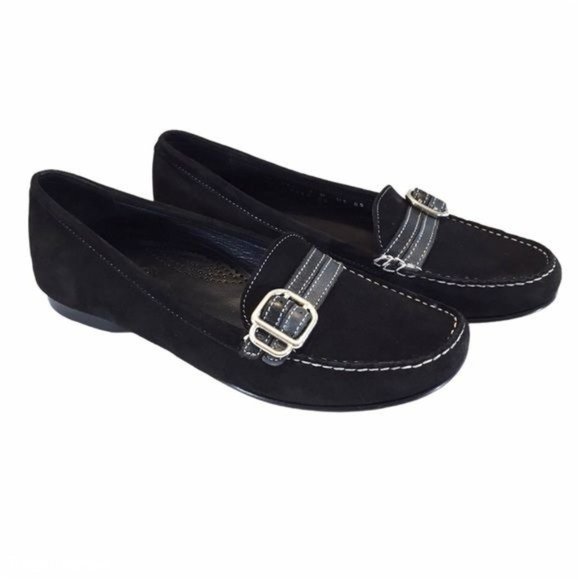 Cole Haan Womens Black Suede Leather Loafers Flat Shoes Silver Buckle size 7 - Picture 1 of 15